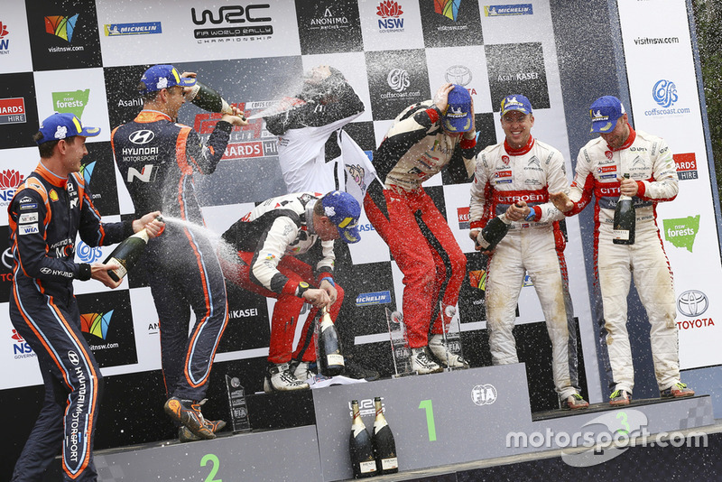 Jari-Matti Latvala, Miikka Anttila, Toyota Gazoo Racing, second place Hayden Paddon, Sebastian Marshall, Hyundai Motorsport, third place Mads Ostberg, Torstein Eriksen, Citroën World Rally Team