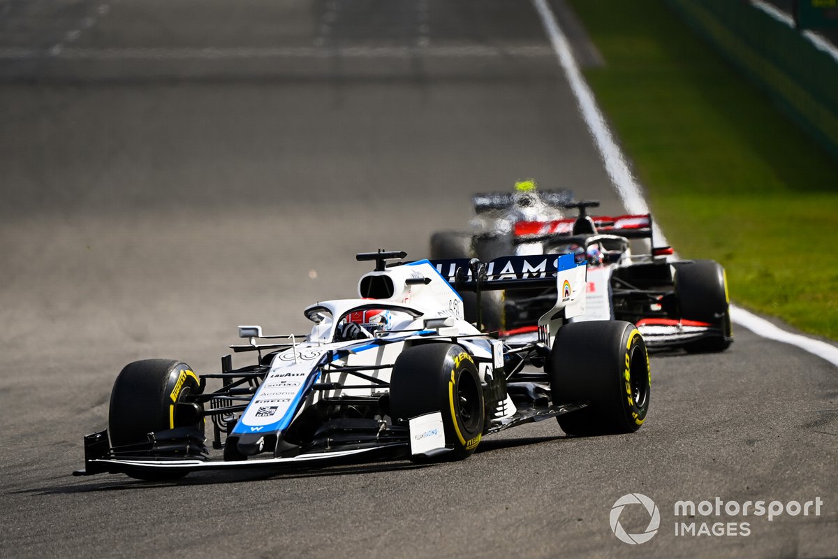 George Russell, Williams FW43, Romain Grosjean, Haas VF-20, and Nicholas Latifi, Williams FW43