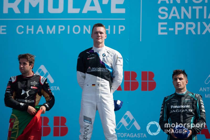 Race winner Maximilian Günther, BMW I Andretti Motorsports on the podium with Antonio Felix da Costa, DS Techeetah, 2nd position, Mitch Evans, Jaguar Racing, 3rd position