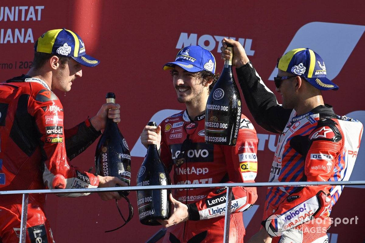 Francesco Bagnaia, Ducati Team, Jorge Martin, Pramac Racing, Jack Miller, Ducati Team podium