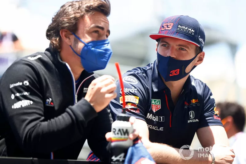Fernando Alonso, Alpine F1, and Max Verstappen, Red Bull Racing 