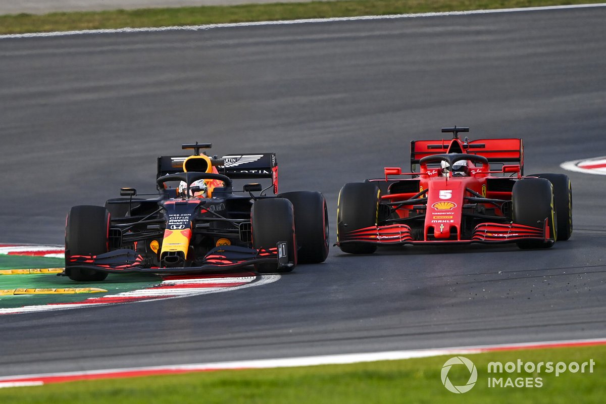 Max Verstappen, Red Bull Racing RB16, Sebastian Vettel, Ferrari SF1000
