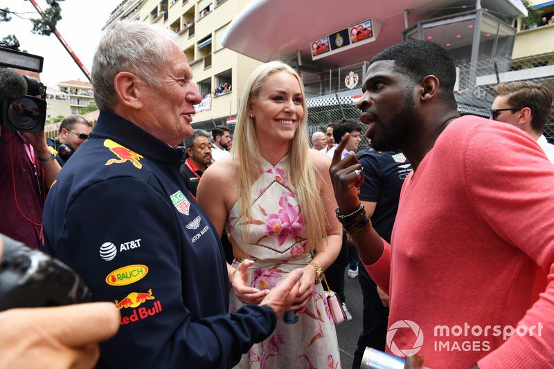 Ice Hockey player P.K. Subban on the grid with his partner Lyndsey Vonn and Helmut Markko, Consultant, Red Bull Racing