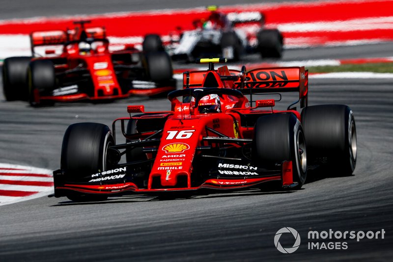 Charles Leclerc, Ferrari SF90, leads Sebastian Vettel, Ferrari SF90