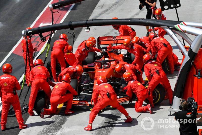 Sebastian Vettel, Ferrari SF90, makes a stop