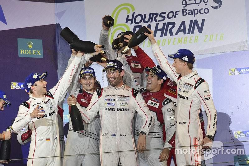 LMP1 Podium: second place #7 Audi Sport Team Joest Audi R18: Marcel Fässler, Andre Lotterer, Benoit Tréluyer, race winners #8 Audi Sport Team Joest Audi R18: Lucas di Grassi, Loic Duval, Oliver Jarvis, third place #1 Porsche Team Porsche 919 Hybrid: Timo Bernhard, Mark Webber, Brendon Hartley, first place LMP1 privé, #13 Rebellion Racing Rebellion R-One AER: Matheo Tuscher, Dominik Kraihamer, Alexandre Imperatori