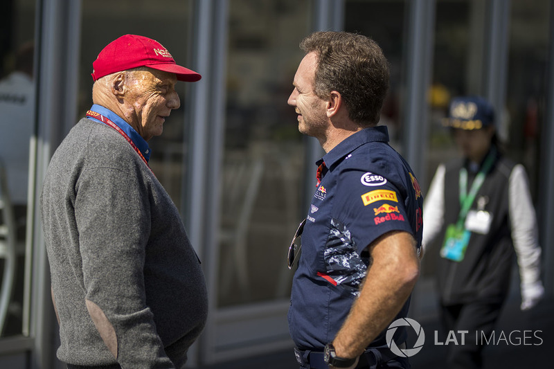Niki Lauda, Presidente Non-Esecutivo Mercedes AMG F1 e Christian Horner, Team Principal Red Bull Rac