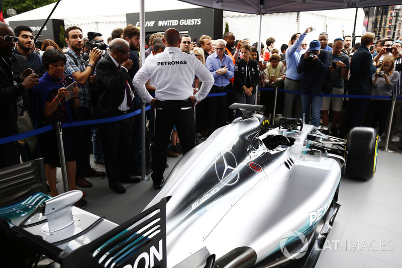 The Mercedes AMG F1 W08 on the teams stand