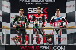 Podium: winner Chaz Davies, Ducati Team, second place Jonathan Rea, Kawasaki Racing, third place Nic