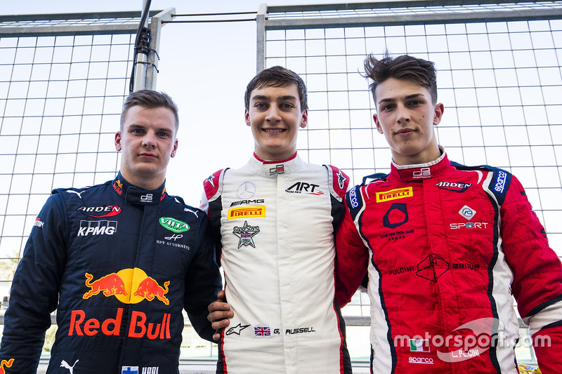George Russell, ART Grand Prix, Niko Kari, Arden International y Leonardo Pulcini, Arden International