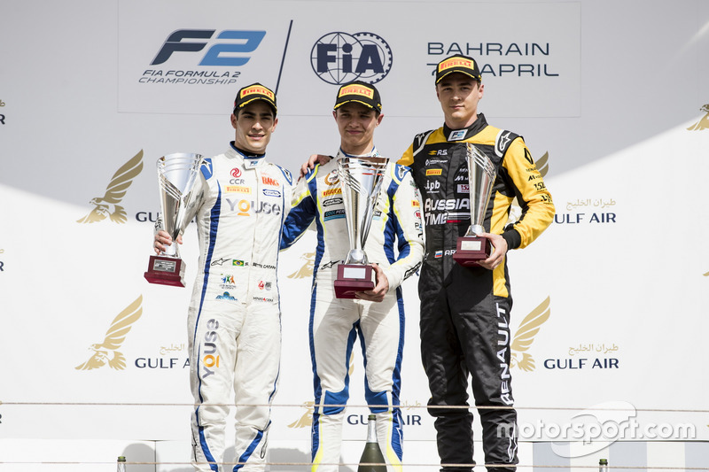 Podium: second place Sergio Sette Camara, Carlin, Race winner Lando Norris, Carlin, third place Artem Markelov, RUSSIAN TIME