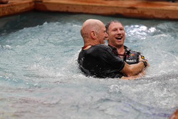 Adrian Newey, Chief Technical Officer, Red Bull Racing, and Christian Horner, Team Principal, Red Bull Racing, celebrate the Daniel Ricciardo, Red Bull Racing, victory in the swimming pool on the Red Bull Energy Station