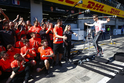 Romain Grosjean, Haas F1 Team, and the Haas F1 team celebrate the team's best finish to date