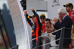 Max Verstappen, Red Bull Racing, celebrates on the podium, along with second place Kimi Raikkonen, Ferrari, and third place Sebastian Vettel, Ferrari