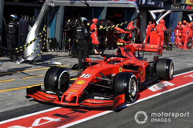 Charles Leclerc, Ferrari SF90, leaves his pit box after a stop