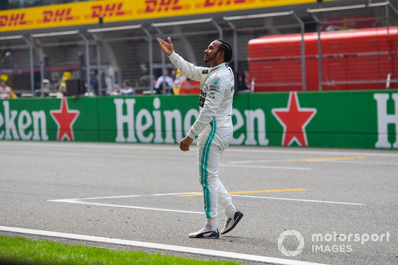 Lewis Hamilton, Mercedes AMG F1, 1st position, celebrates with the crowd after the race