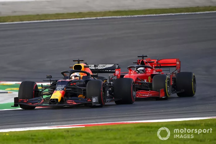 Max Verstappen, Red Bull Racing RB16, Sebastian Vettel, Ferrari SF1000