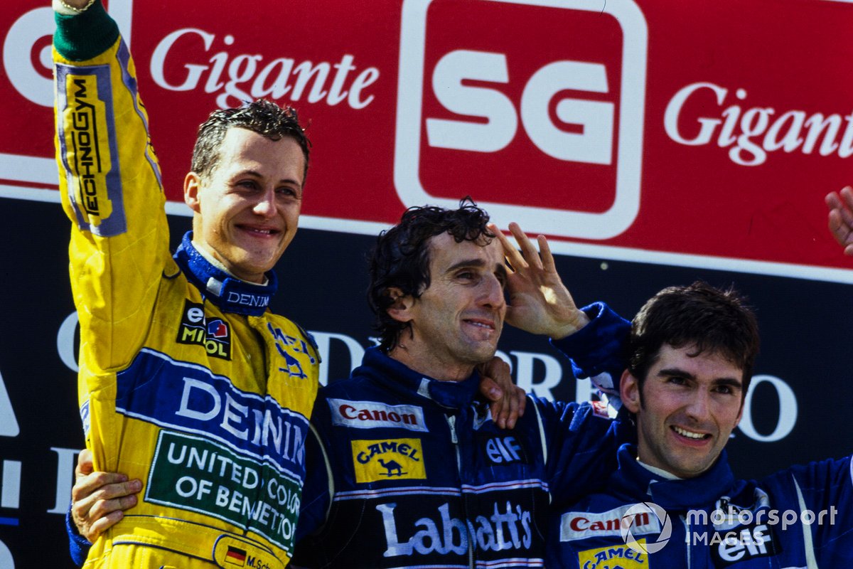 Podium: Race winner Michael Schumacher, Benetton, second place Alain Prost, Williams, third place Damon Hill, Williams