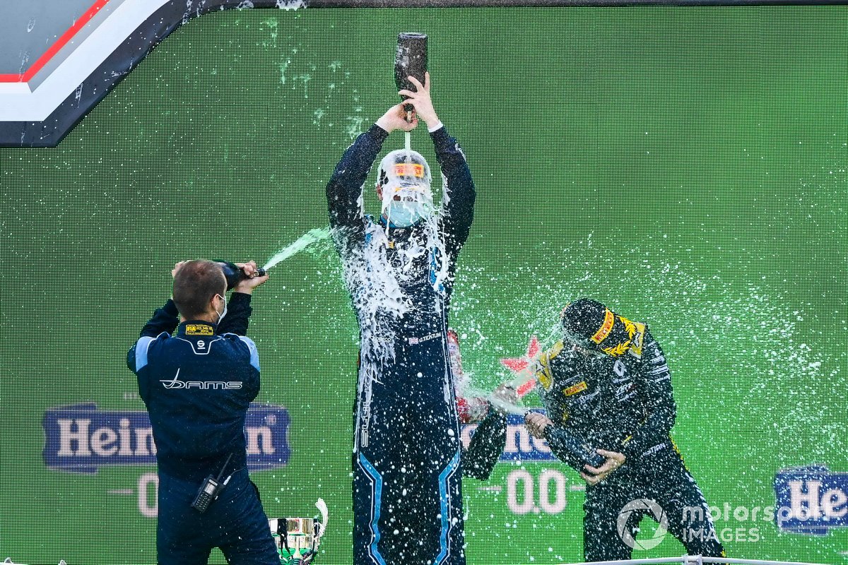 Winning Constructor Representative, Race Winner Dan Ticktum, Dams and Christian Lundgaard, ART Grand Prix celebrate on the podium with the champagne