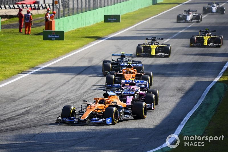 Carlos Sainz Jr., McLaren MCL35, Lance Stroll, Racing Point RP20, Lando Norris, McLaren MCL35 