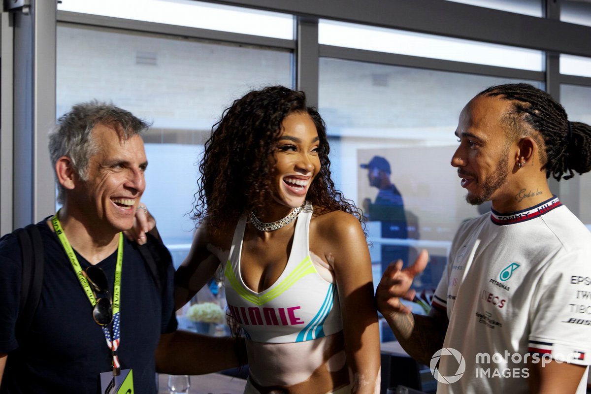 L'attore Ben Stiller, la modella Winnie Harlow e Lewis Hamilton, Mercedes