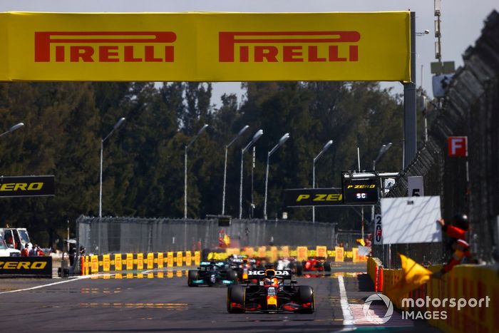 Max Verstappen, Red Bull Racing RB16B, Lewis Hamilton, Mercedes W12, and Sergio Perez, Red Bull Racing RB16B