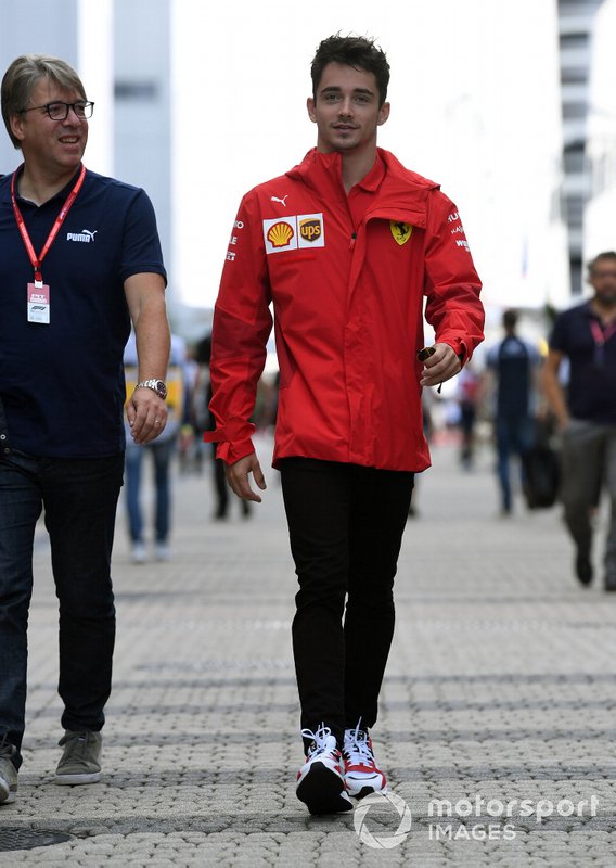 Charles Leclerc, Ferrari arrives at the track