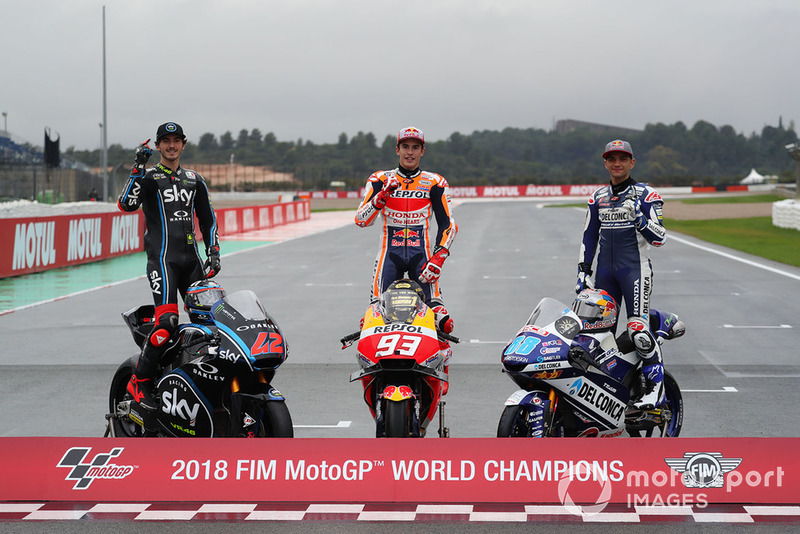 2018 World Champions: Francesco Bagnaia, Sky Racing Team VR46, Marc Marquez, Repsol Honda Team, Jorge Martin, Del Conca Gresini Racing