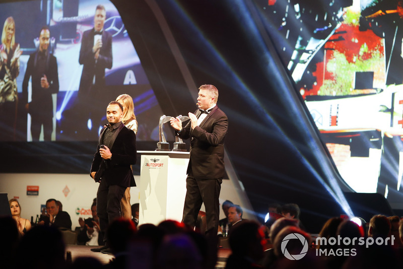 Nicolas Hamilton, brother of F1 World Champion Lewis Hamilton on stage to accept the British Competition Driver and International Racing Driver awards