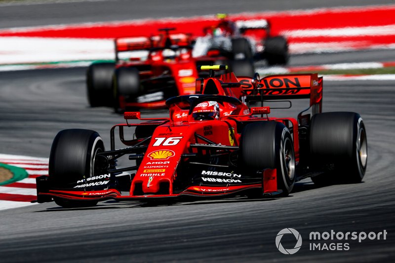 Charles Leclerc, Ferrari SF90, leads Sebastian Vettel, Ferrari SF90