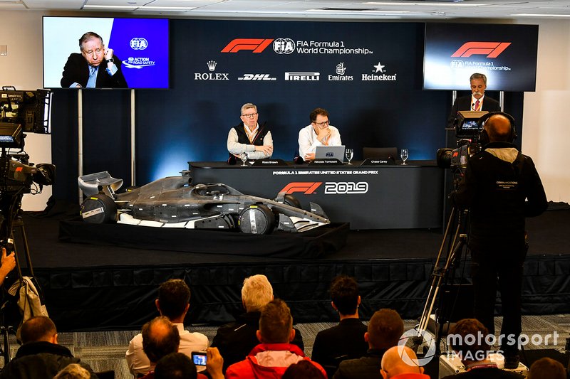 Jean Todt, Presidente FIA, Ross Brawn, Managing Director del Motorsport, FOM, Nikolas Tombazis e Chase Carey, Presidente, Formula 1, annunciano il regolamento tecnico 2021 della Formula 1, durante la conferenza stampa di presentazione