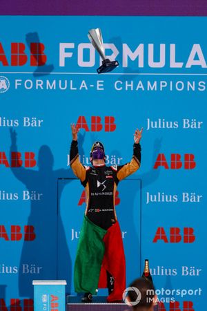 Antonio Felix da Costa, DS Techeetah, 2nd position, throws his trophy in the air