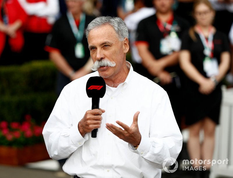 Chase Carey, Chairman, Formula 1 talks to the press