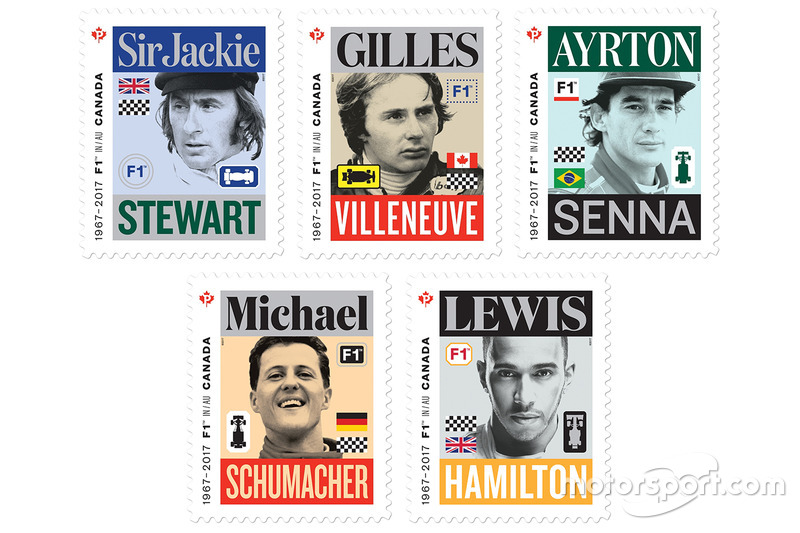 Postzegels met Sir Jackie Stewart, Gilles Villeneuve, Ayrton Senna, Michael Schumacher, Lewis Hamilt