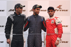Podium: race winner Anindith Reddy, second place Nayan Chatterjee, third place Akhil Rabindra