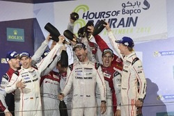 LMP1 Podium: second place #7 Audi Sport Team Joest Audi R18: Marcel Fässler, Andre Lotterer, Benoit