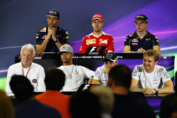 Conférence de presse de la FIA : Daniel Ricciardo, Red Bull Racing; Sebastian Vettel, Ferrari; Max Verstappen, Red Bull Racing; Charlie Whiting, délégué de la FIA; Lewis Hamilton, Mercedes AMG F1; Felipe Massa, Williams; Nico Rosberg, Mercedes AMG F1