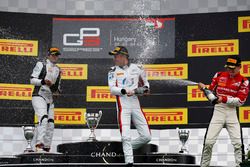 Alexander Albon, ART Grand Prix; Arjun Maini, Jenzer Motorsport and Charles Leclerc, ART Grand Prix celebrate