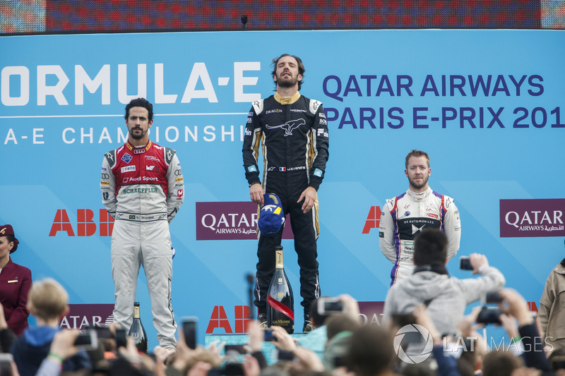 Jean-Eric Vergne, Techeetah, wins the Paris ePrix, Lucas di Grassi, Audi Sport ABT Schaeffler, in 2nd, Sam Bird, DS Virgin Racing, in 3rd