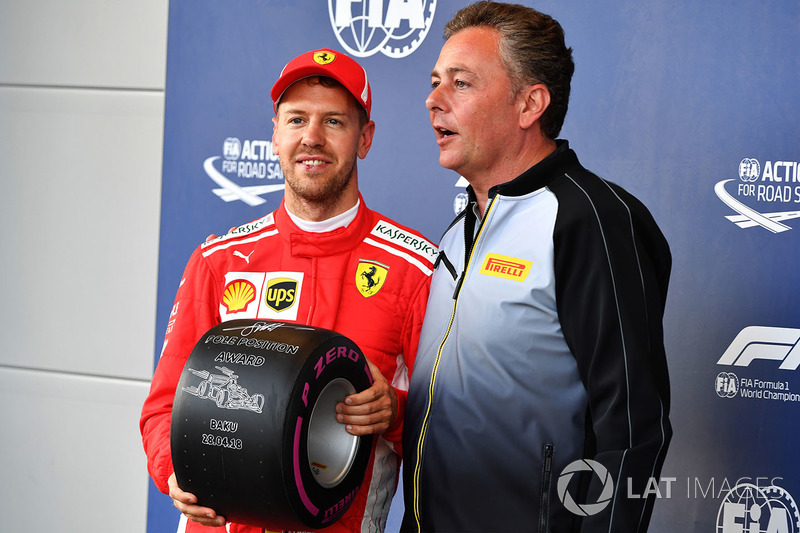 Sebastian Vettel, Ferrari recibe el Premio Pole Position de Mario Isola, Director Deportivo Pirelli