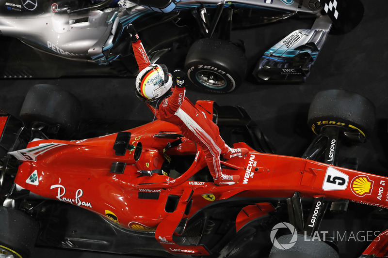 Sebastian Vettel, Ferrari, 1st position, celebrates victory on arrival in Parc Ferme