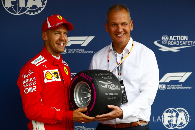 Sebastian Vettel, Ferrari, receives the Pirelli Pole Position award