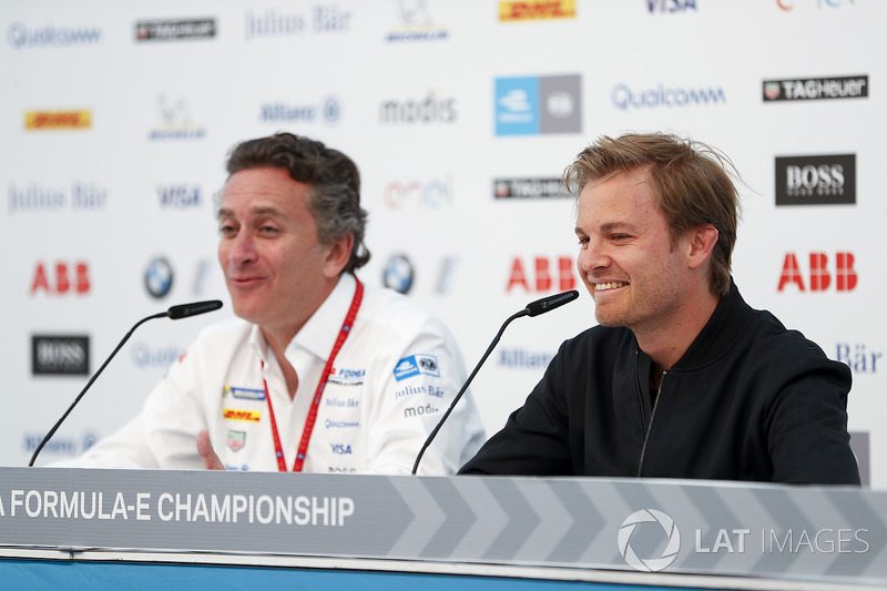 Alejandro Agag, CEO, Formula E, with Nico Rosberg, Formula E investor, Hugo Boss Ambassador, in the press conference