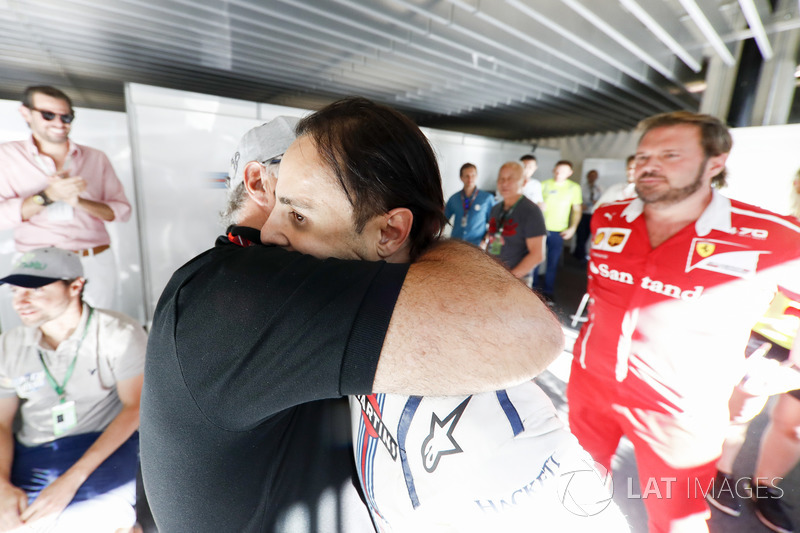 Felipe Massa, Williams, is embraced by his father after his final home grand prix