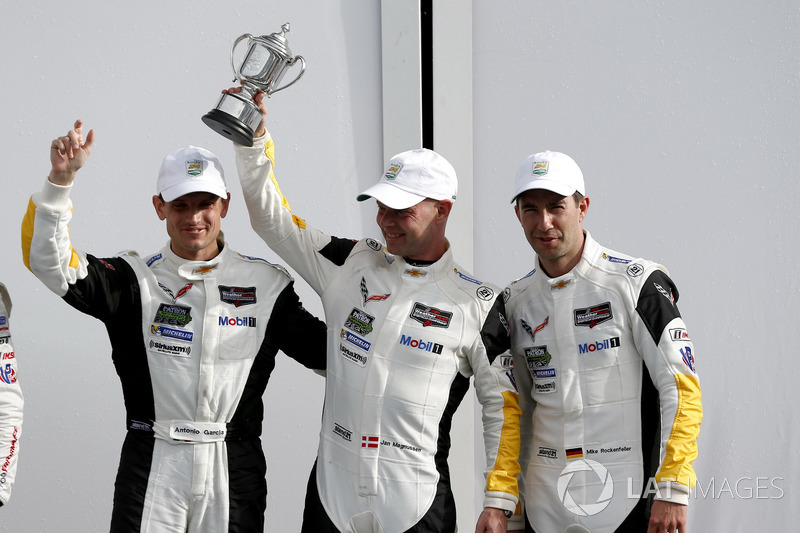 Victory lane, third place GTLM: #3 Corvette Racing Chevrolet Corvette C7.R: Antonio Garcia, Jan Magnussen, Mike Rockenfeller