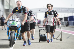 Pushing Franco Morbidelli's Marc VDS Honda to scrutineering