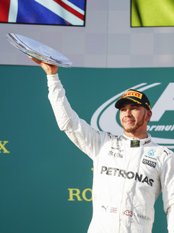 Lewis Hamilton, Mercedes AMG, 2nd Position, with his trophy