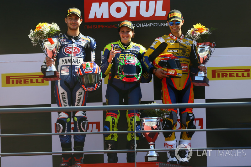 Podium: Race winner Ana Carrasco, Kawasaki, second place Alfonso Coppola, Yamaha, third place Marc G