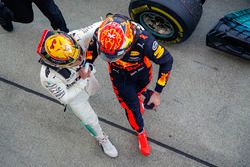 Race winner Lewis Hamilton, Mercedes AMG F1, Max Verstappen, Red Bull, second place, congratulate each other in Parc Ferme