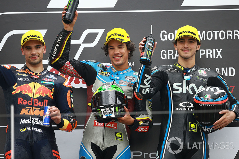 Podium: ganador, Franco Morbidelli, Marc VDS, segundo, Miguel Oliveira, Red Bull KTM Ajo, tercero, Francesco Bagnaia, Sky Racing Team VR46